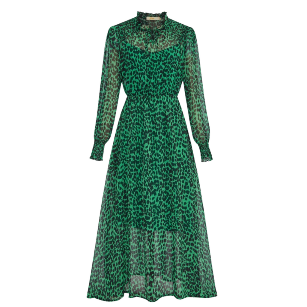 MSH green leopard animal print chiffon dress with tie collar and slip dress