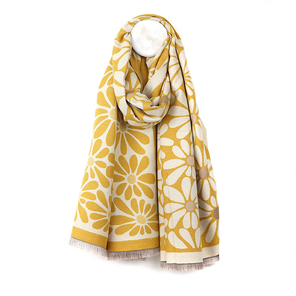 POM Mustard & Ecru Floral Reversable Jacquard Scarf