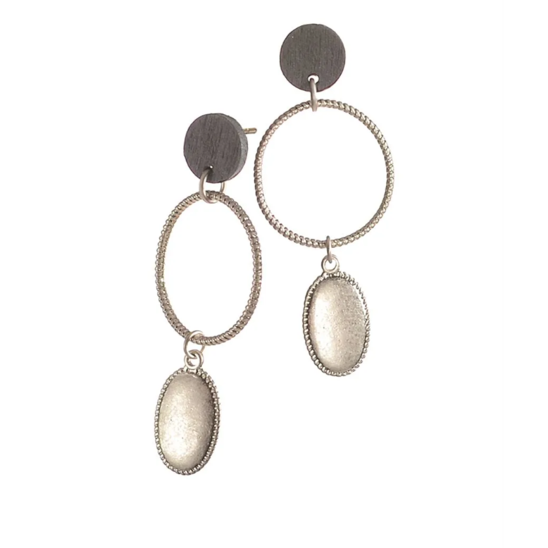 Worn Silver Hoop & Charcoal Drop Earrings