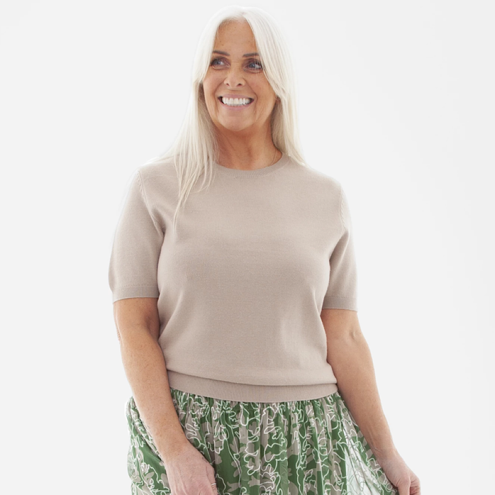 Dreams Cashmere like Crew Neck Short Sleeve Jumper stone
