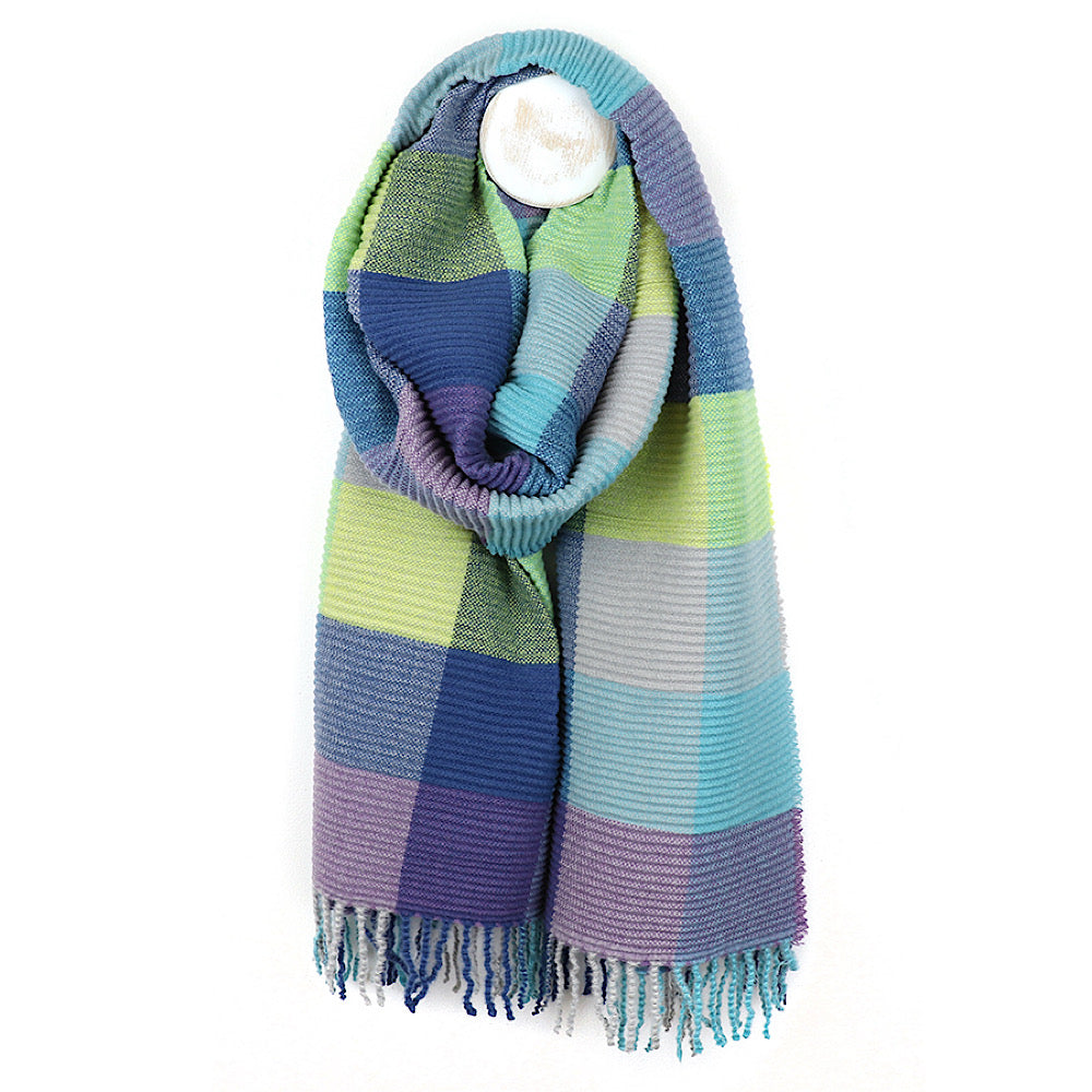 POM Blue & Lime Check Blanket Scarf with Fringe