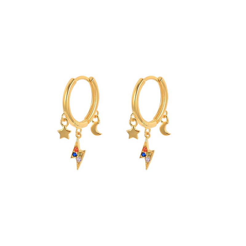 Star, Moon & Lightning Bolt Charm Huggie in Gold