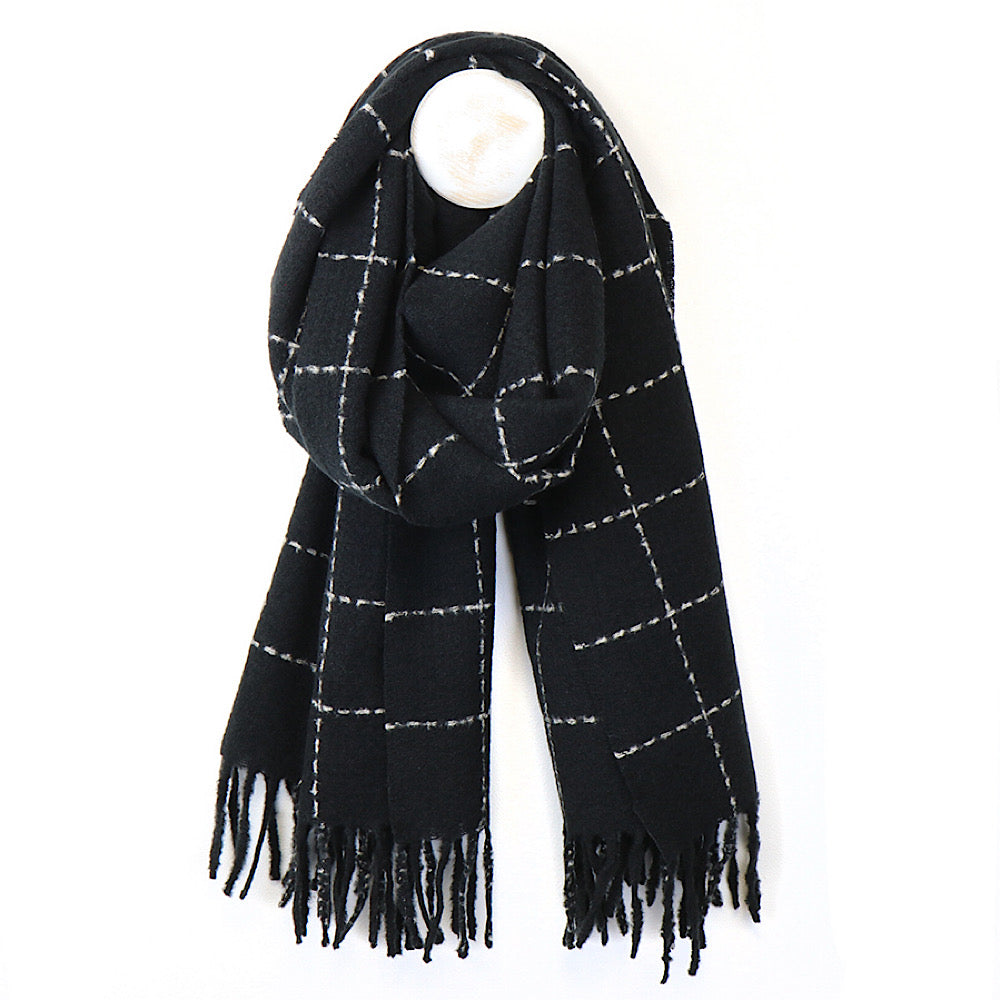 Black PoM fine fringe scarf white squares