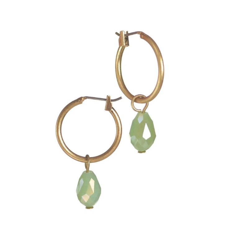 Gold Hoop Earrings with Sage Green Teardrop