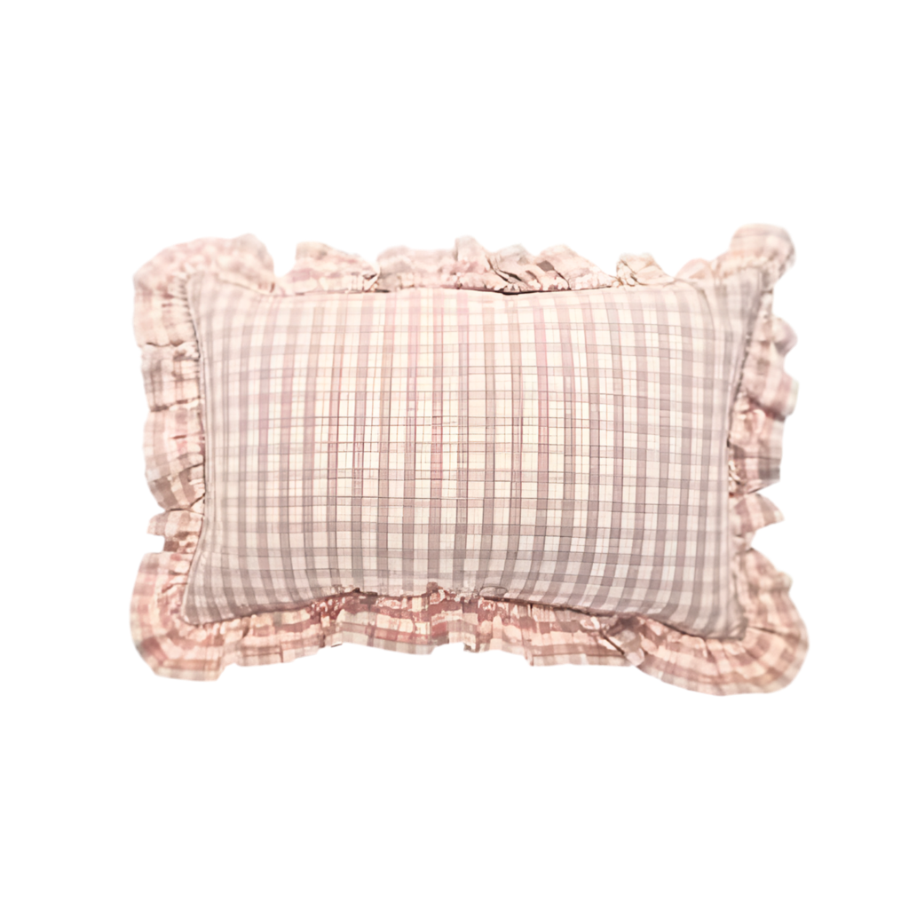 Gingham Pink Ruffle Rectangular Cushion