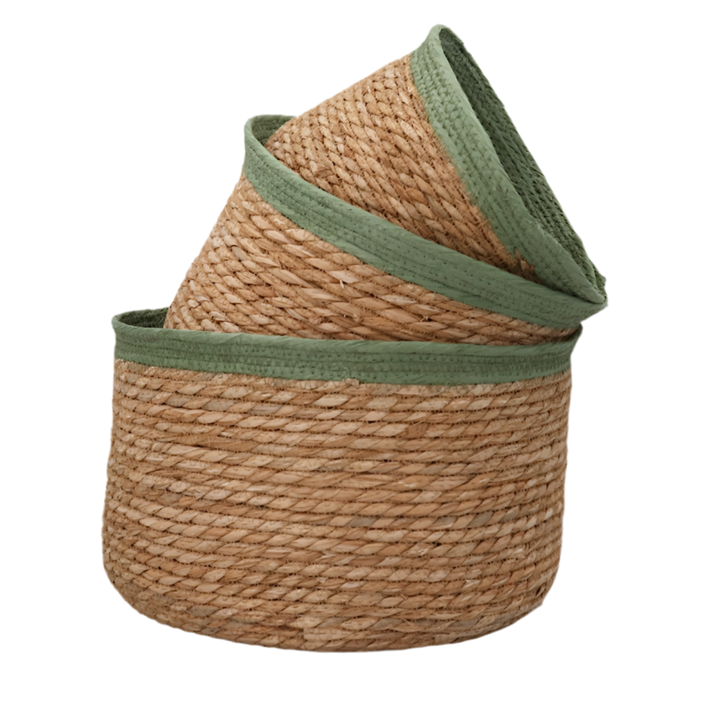 Green Trim Natural Woven Lined Tub Basket