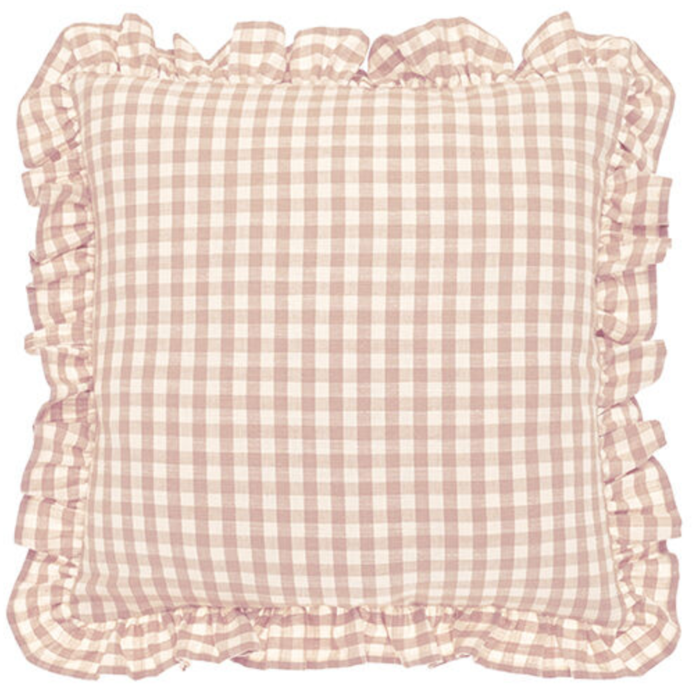 Gingham Pink Ruffle Square Cushion