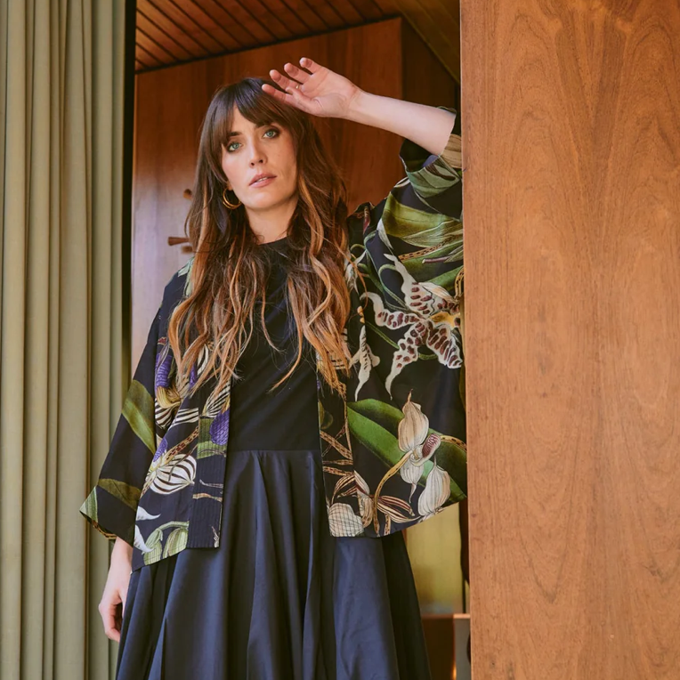 One Hundred Stars Orchid Black Crepe Kimono