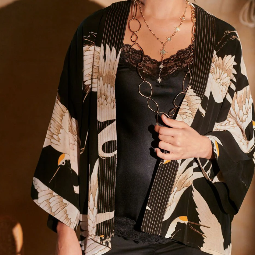 One Hundred Stars Black Crepe Kimono