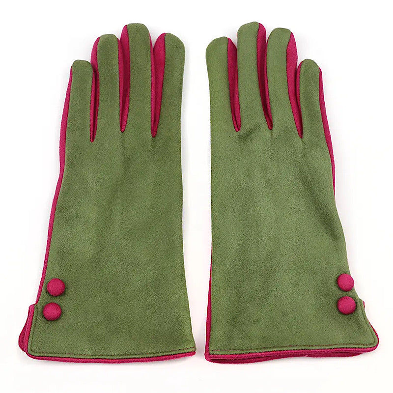 PoM Faux Suede Olive & Fuchsia Gloves