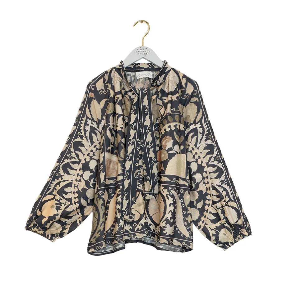 One hundred stars Susani charcoal pussy bow blouse