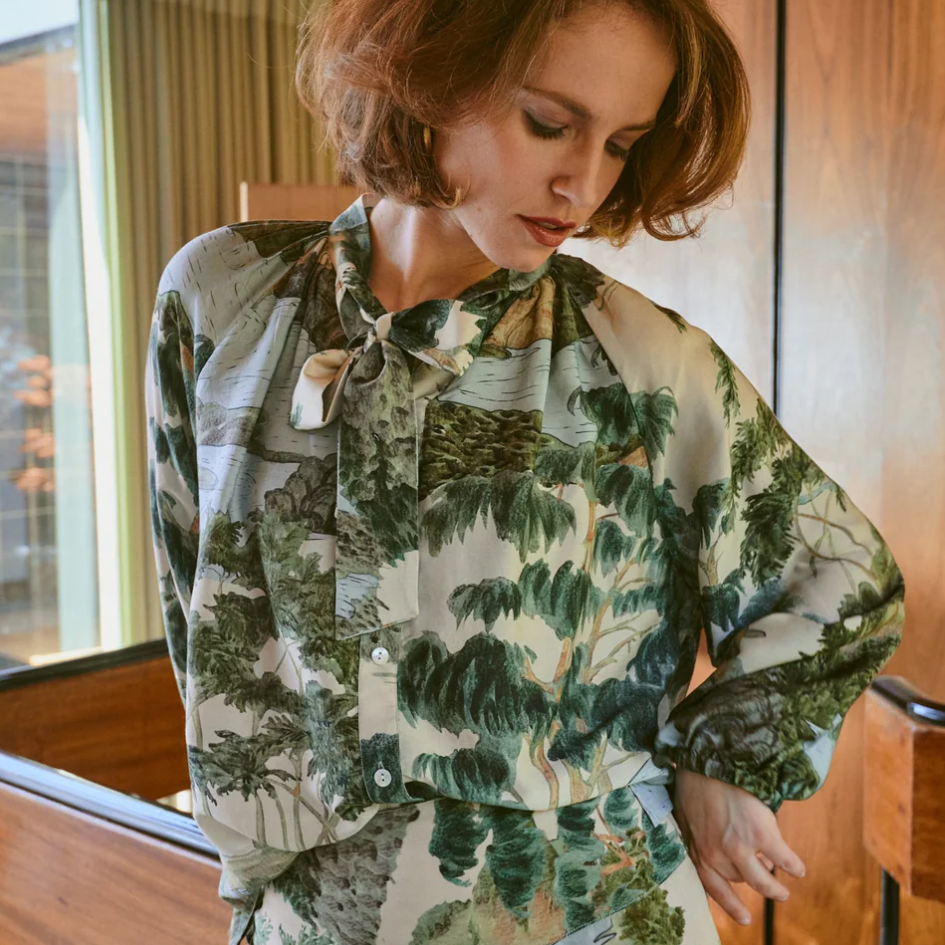 One hundred stars rivers and trees natural pussy bow blouse