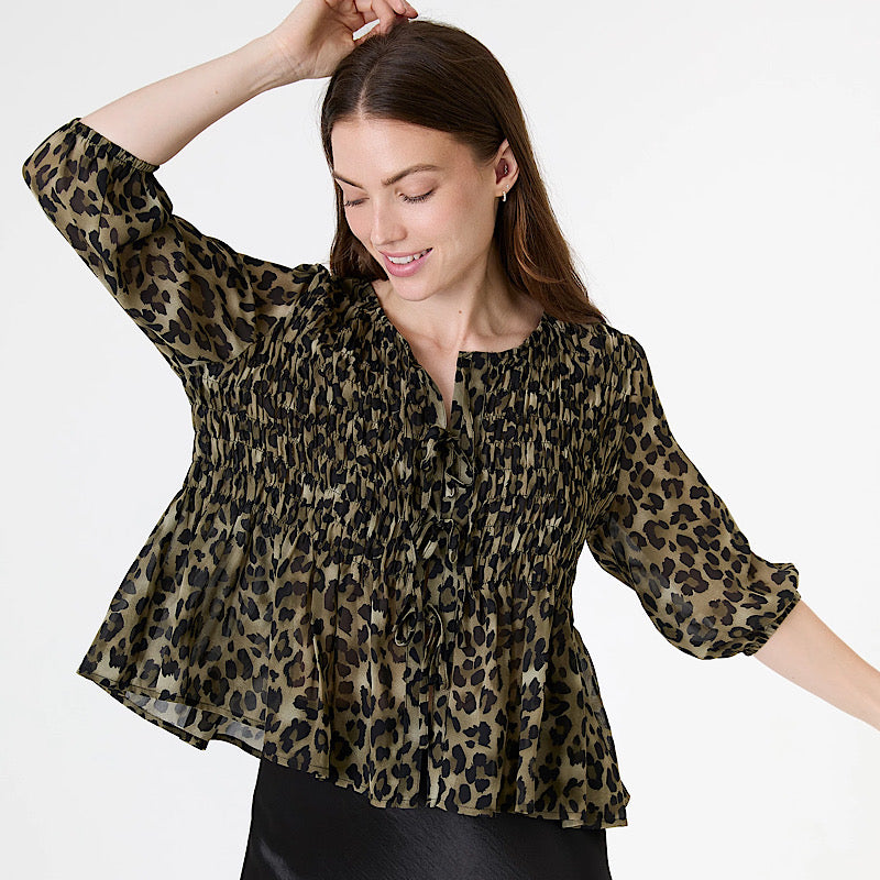 Dreams Leopard Print Chiffon Tie Front Shirring Blouse