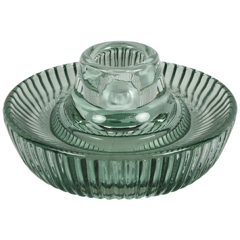 Green Glass Ribbed Candle Holder