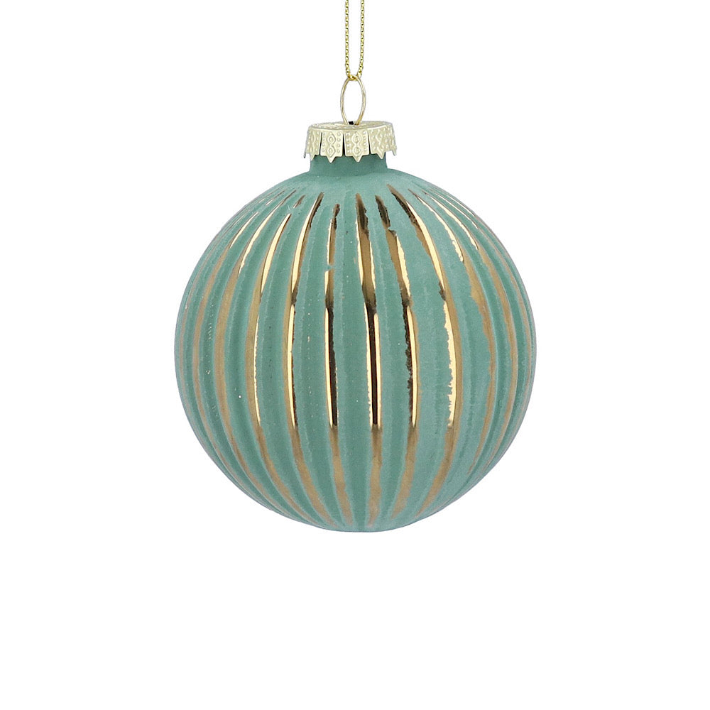 Opaque Teal & Gold Ribbed Glass Bauble