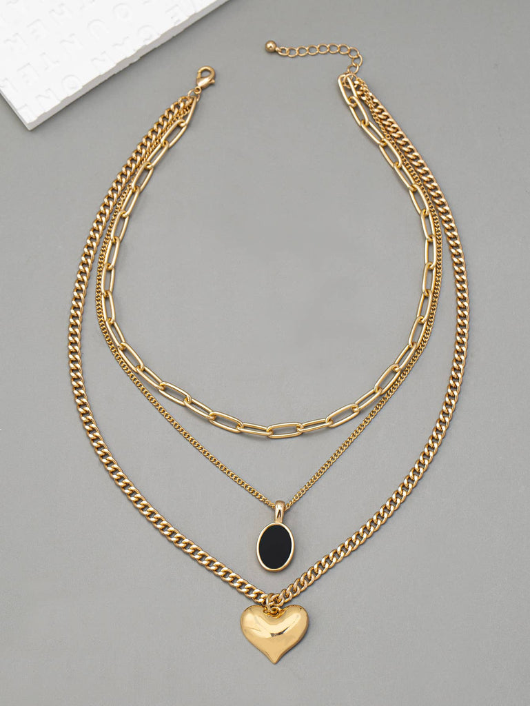 Last True Angel Triple Chain Heart & Oval Detail Necklace in Gold
