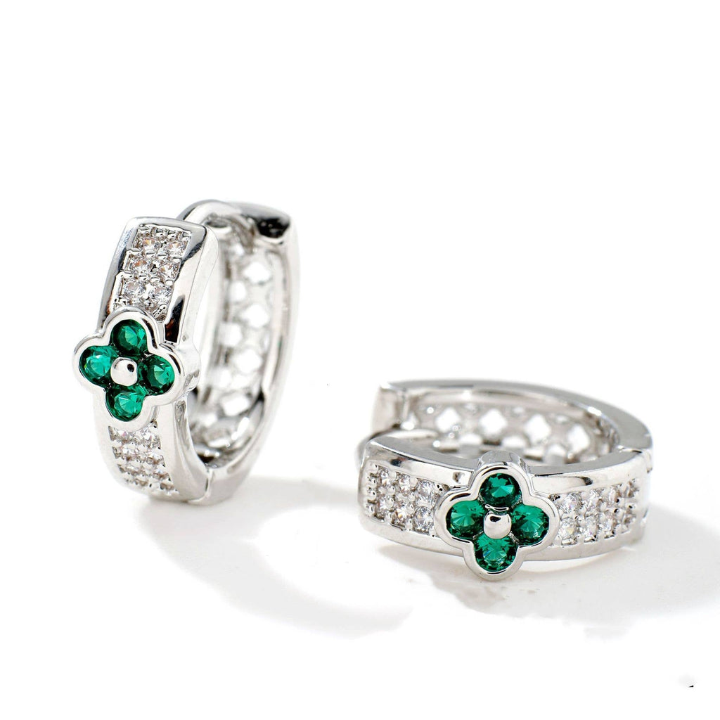 Last True Angel Cubic Zirconia Clover Huggie in Emerald & Silver