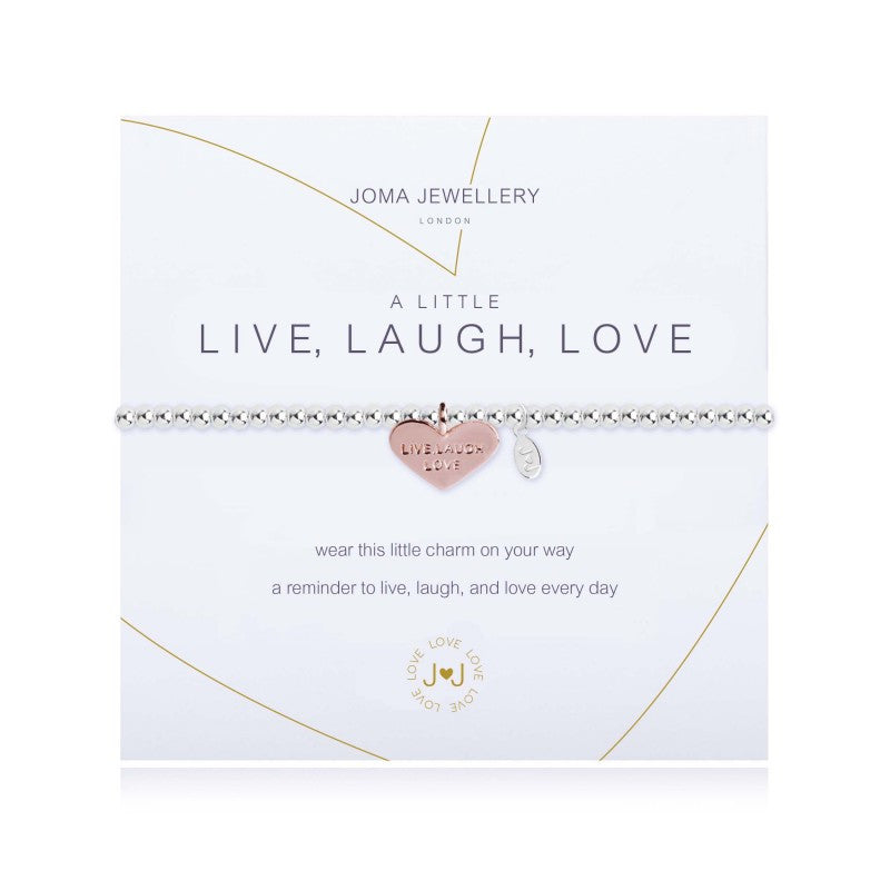 silver bracelet with rose gold heart engraved with LIVE LOVE LAUGH